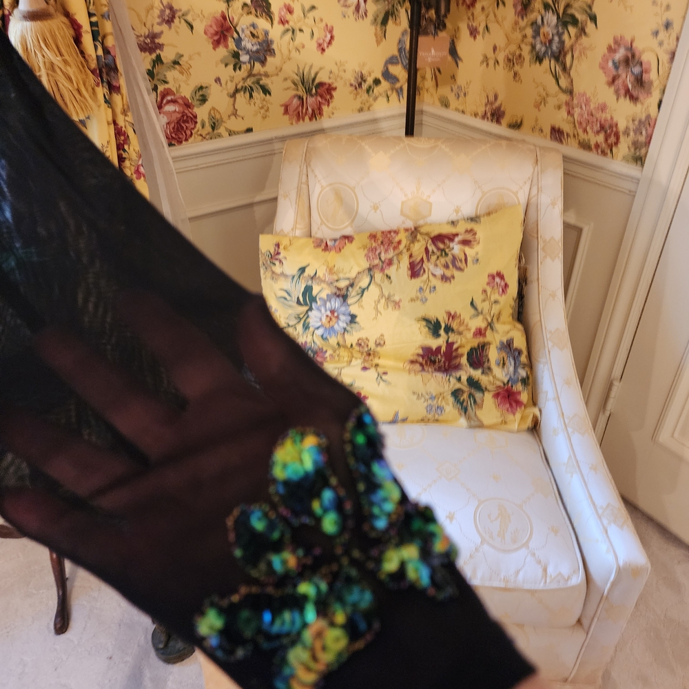 Sheer Black Long Sleeve Top Adorned With Green Sequin Design - Picture 3 of 4